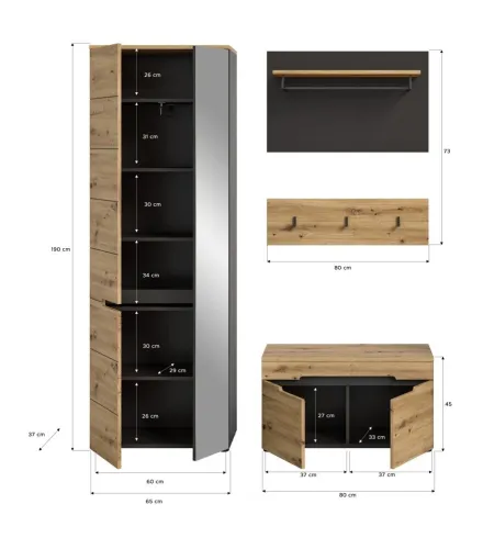 Garderoben-Set Canu | grau / Artisan Eiche | 3-teilig mit Sitzkissen