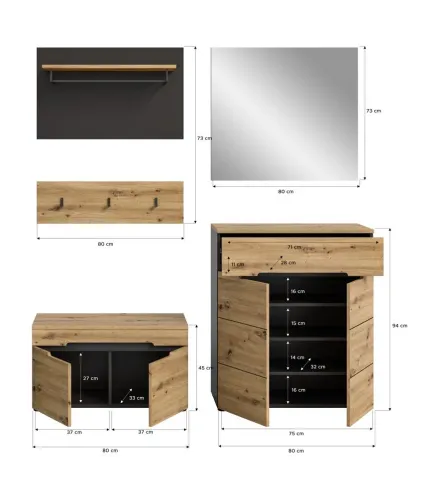Garderoben-Set Canu | grau / Artisan Eiche | 4-teilig