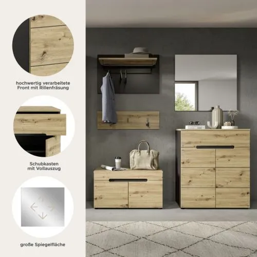 Garderoben-Set Canu | grau / Artisan Eiche | 4-teilig ohne Sitzkissen