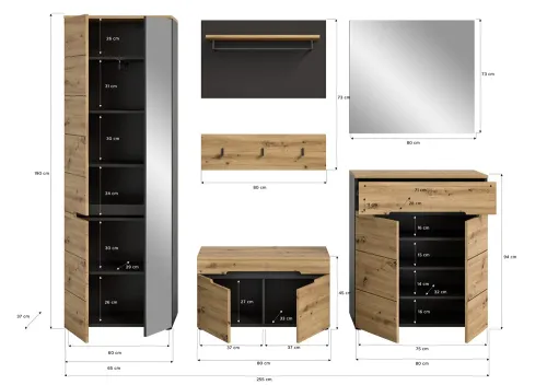 Garderoben-Set Canu | grau / Artisan Eiche | 5-teilig ohne Sitzkissen