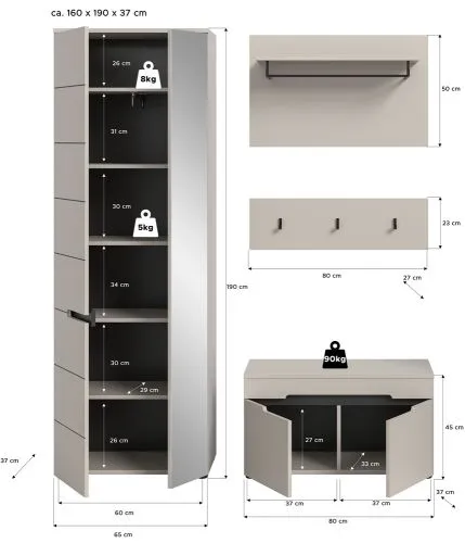 Garderoben-Set Canu | Kaschmir / Basalt grau | 3-teilig