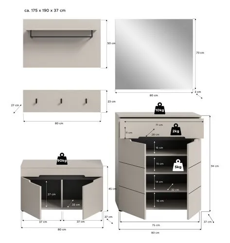 Garderoben-Set Canu | Kaschmir / Basalt grau | 4-teilig ohne Sitzkissen