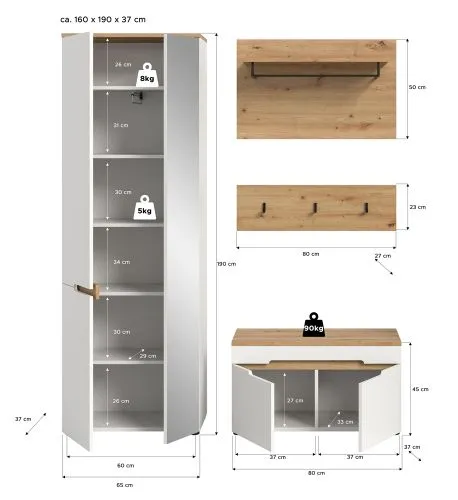 Garderoben-Set Canu | Weiß / Artisan Eiche | 3-teilig mit Sitzkissen