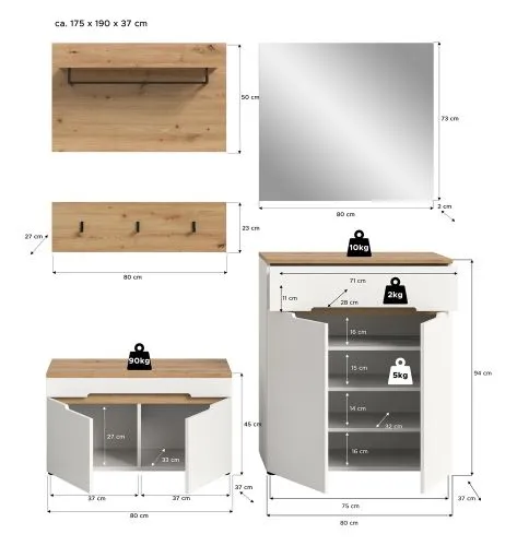 Garderoben-Set Canu | Weiß / Artisan Eiche | 4-teilig mit Sitzkissen