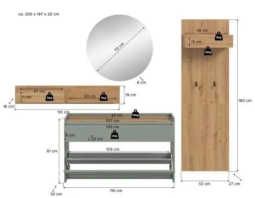 Garderoben-Set Drive 1 | Salbei / Artisan Oak | 4-teilig ohne Beleuchtung