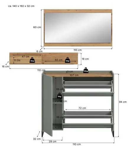 Garderoben-Set Drive 2 | Salbei / Artisan Oak | 3-teilig ohne Beleuchtung