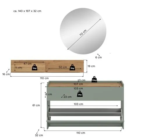 Garderoben-Set Drive 3 | Salbei / Artisan Oak | 3-teilig mit Beleuchtung