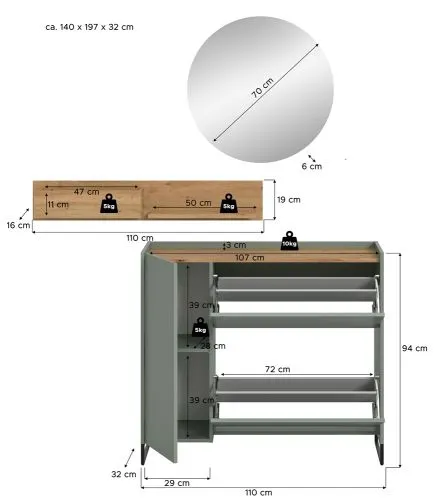 Garderoben-Set Drive 4 | Salbei / Artisan Oak | 3-teilig ohne Beleuchtung