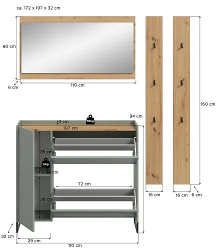 Garderoben-Set Drive 4 | Salbei / Artisan Oak | 4-teilig mit Beleuchtung