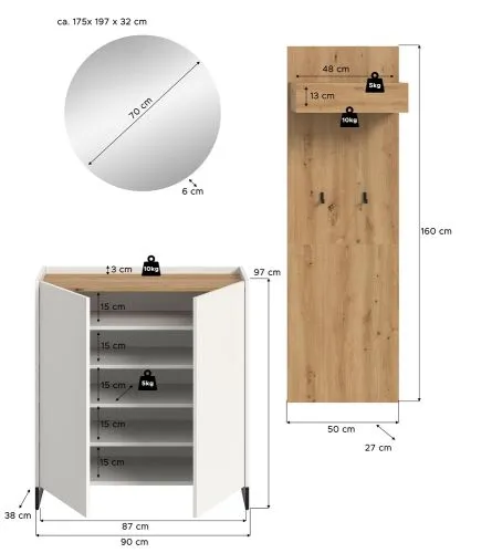 Garderoben-Set Drive | weiß / Artisan Oak | 3-teilig mit Beleuchtung