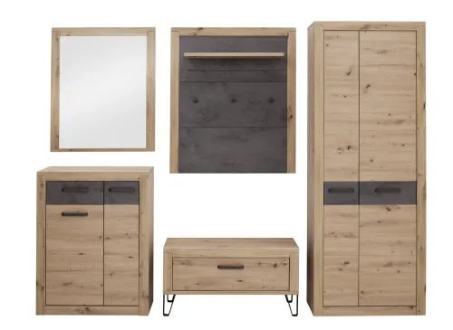 Garderoben Set Incata | Balkeneiche / Oxid grau | 5-teilig mit Sitzkissen
