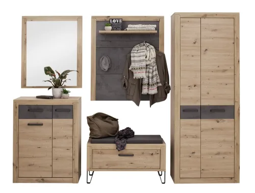Garderoben Set Incata | Balkeneiche / Oxid grau | 5-teilig ohne Sitzkissen