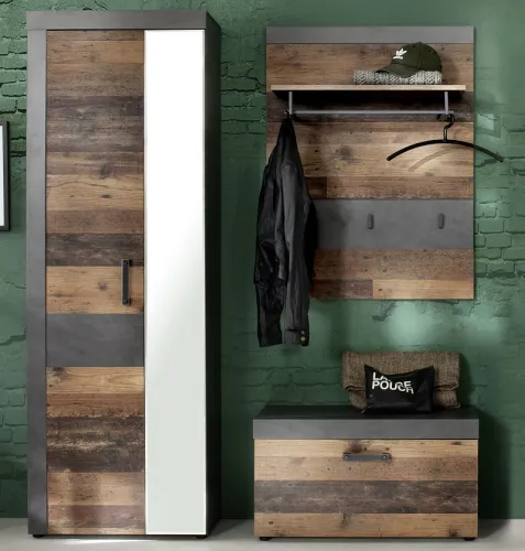 Garderoben-Set Indy 1 | Old Used Wood / Matera grau | 3-teilig | Shabby Look