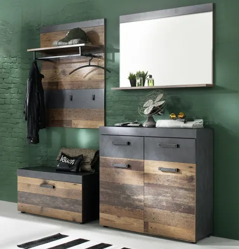 Garderoben-Set Indy | Old Used Wood / Matera grau | 4-teilig | Shabby Look