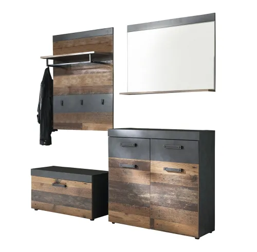 Garderoben-Set Indy | Old Used Wood / Matera grau | 4-teilig | Shabby Look
