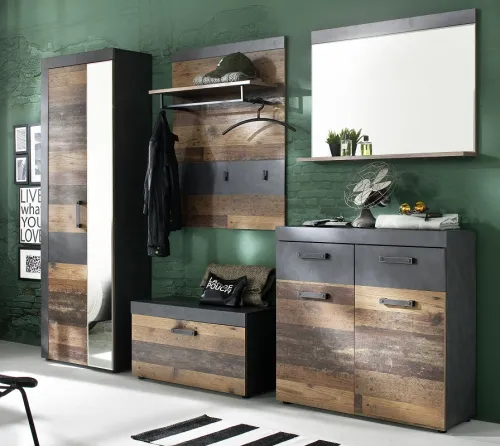 Garderoben-Set Indy | Old Used Wood / Matera grau | 5-teilig | Shabby Look