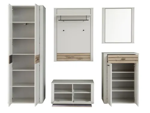 Garderoben Set Mantena | Modern White / Viking Oak | 5-teilig mit Sitzkissen