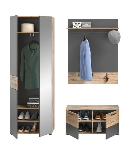 Garderoben-Set Mason | Nox Oak / Basalt Grau | 3-teilig ohne Sitzkissen