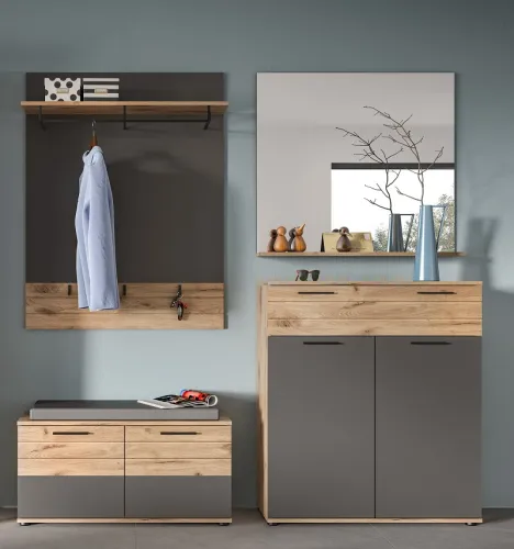Garderoben-Set Mason | Nox Oak / Basalt Grau | 4-teilig mit Sitzkissen