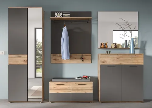 Garderoben-Set Mason | Nox Oak / Basalt grau | 5-teilig mit Sitzkissen