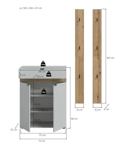 Garderoben-Set Naro 1 | grau / Evoke Oak | 3-teilig