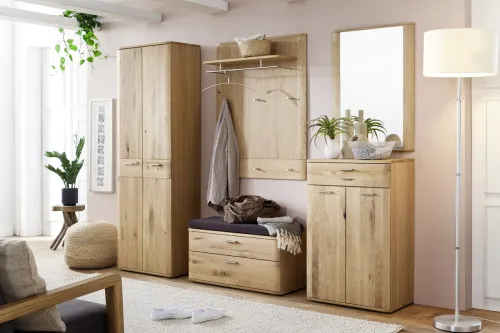 Garderoben Set Nilo | Balkeneiche Bianco | 5-teilig | Sitzkissen mit Sitzkissen