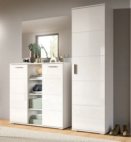 Garderoben-Set Prego 2 | weiß Hochglanz | 3-teilig Kommode mit LED Unterbauspots