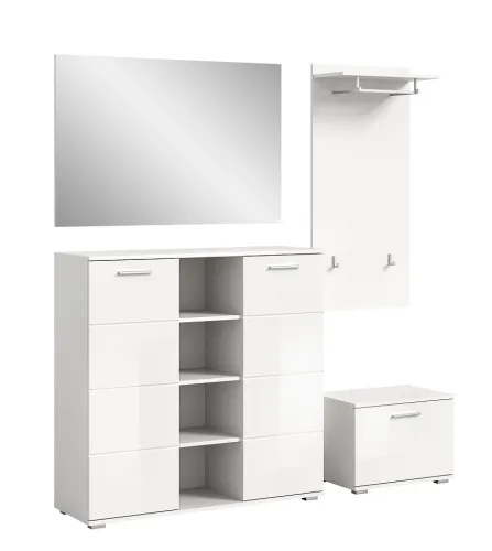 Garderoben-Set Prego 2 | weiß Hochglanz | 4-teilig | mit Sitzkissen Kommode mit LED Beleuchtung