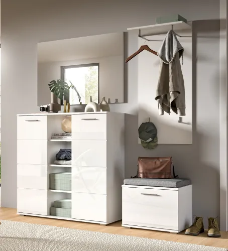 Garderoben-Set Prego 2 | weiß Hochglanz | 4-teilig | mit Sitzkissen Kommode ohne Beleuchtung