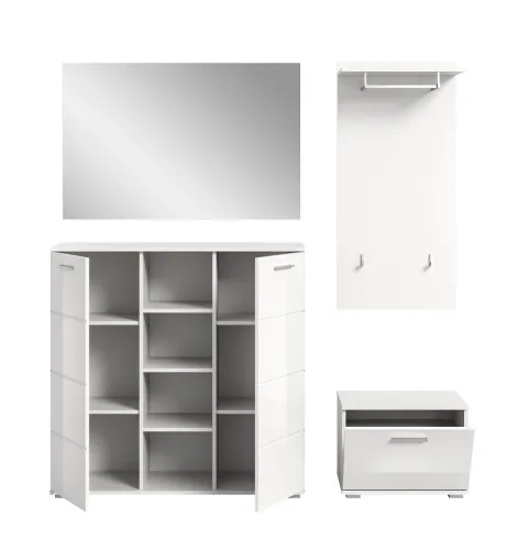 Garderoben-Set Prego 2 | weiß Hochglanz | 4-teilig | ohne Sitzkissen Kommode mit LED Beleuchtung