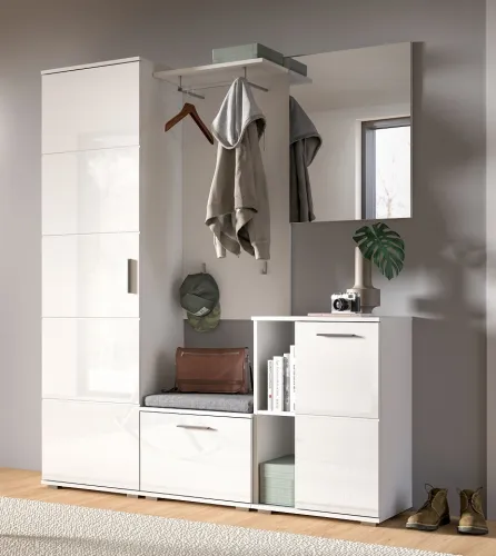 Garderoben-Set Prego | weiß Hochglanz | 5-teilig | mit Sitzkissen