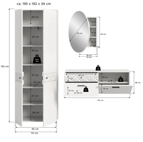 Garderoben-Set Prisma | weiß / weiß Hochglanz | 3-teilig | optional Beleuchtung