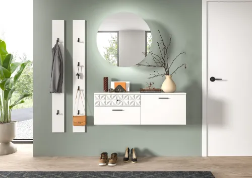 Garderoben-Set Prisma 2 | weiß / weiß Hochglanz | 3-teilig | optional Beleuchtung