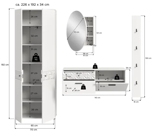 Garderoben-Set Prisma | weiß / weiß Hochglanz | 4-teilig | mit Beleuchtung