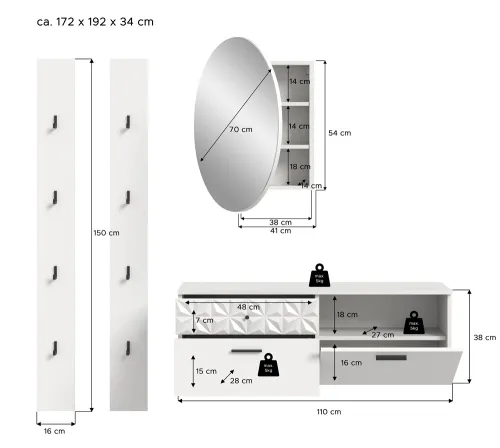 Garderoben-Set Prisma 2 | weiß / weiß Hochglanz | 4-teilig | ohne Beleuchtung