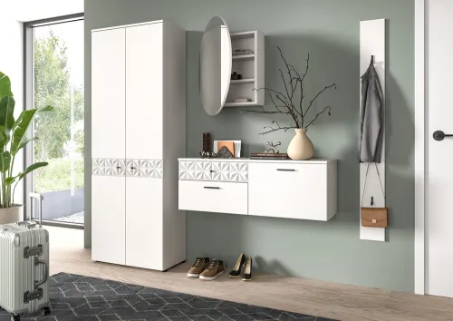 Garderoben-Set Prisma | weiß / weiß Hochglanz | 4-teilig | optional Beleuchtung