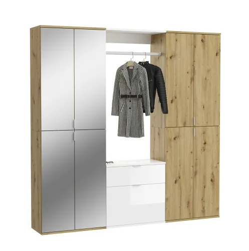 Garderoben Set Projekt X 1 | weiß Hochglanz / Artisan Eiche mit Spiegeltüren | 3-teilig
