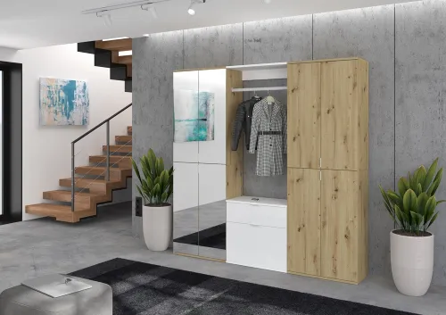 Garderoben Set Projekt X 1 | weiß Hochglanz / Artisan Eiche mit Spiegeltüren | 3-teilig