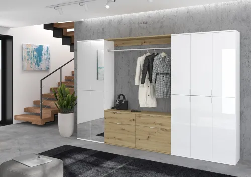Garderoben Set Projekt X 1 | weiß Hochglanz / Artisan Eiche mit Spiegeltüren | 4-teilig