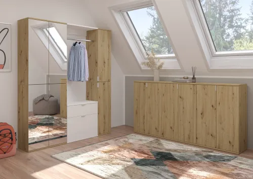 Garderoben Set Projekt X 2 | weiß Hochglanz / Artisan Eiche mit Spiegeltüren | 3-teilig