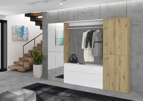 Garderoben Set Projekt X | weiß Hochglanz / Artisan Eiche mit Spiegeltüren | 3-teilig