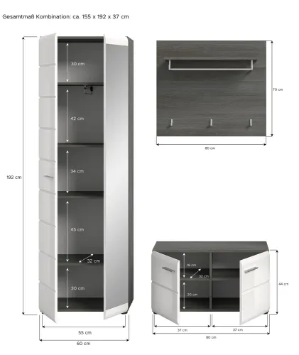 Garderoben-Set Salsa | rauchsilber / weiß Hochglanz | 3-teilig ohne Sitzkissen