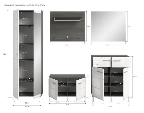 Garderoben-Set Salsa | rauchsilber / weiß Hochglanz | 5-teilig