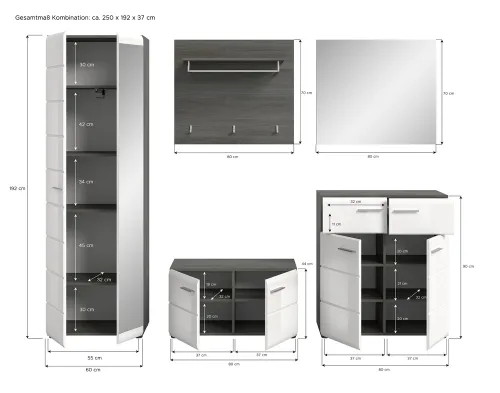 Garderoben-Set Salsa | rauchsilber / weiß Hochglanz | 5-teilig mit Sitzkissen