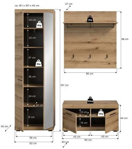 Garderoben-Set Scout | Evoke Oak | 3-teilig | ohne Sitzkissen