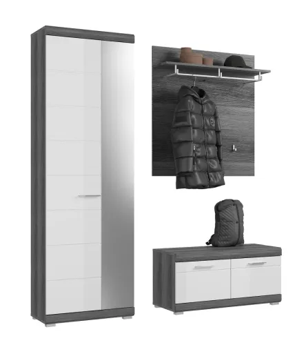 Garderoben-Set Scout | weiß Hochglanz / rauchsilber | 3-teilig mit Sitzkissen