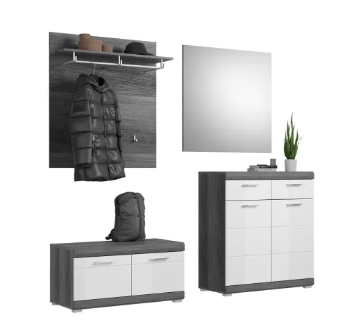 Garderoben-Set Scout | weiß Hochglanz / rauchsilber | 4-teilig mit Sitzkissen