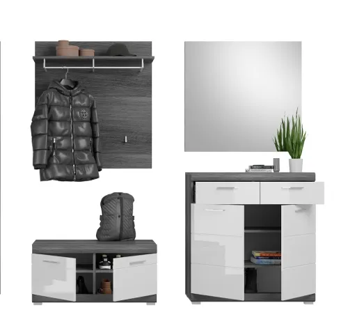 Garderoben-Set Scout | weiß Hochglanz / rauchsilber | 4-teilig ohne Sitzkissen