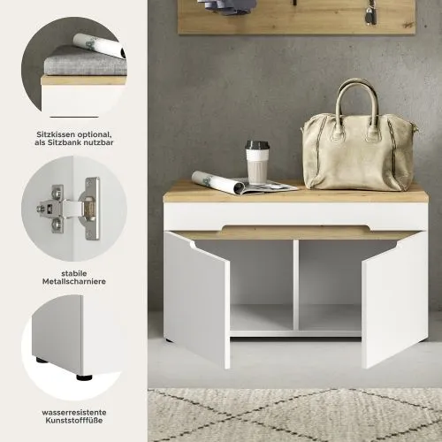 Garderobenbank Sitzbank Canu | Weiß / Artisan Eiche mit Kissen
