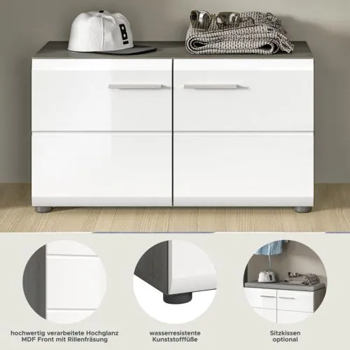 Garderobenbank Sitzbank Salsa | weiß Hochglanz / rauchsilber